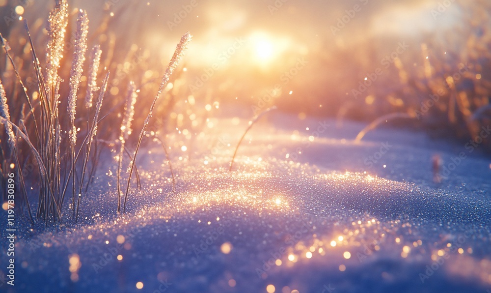 Frosty sunrise over snowy field; winter wonderland background