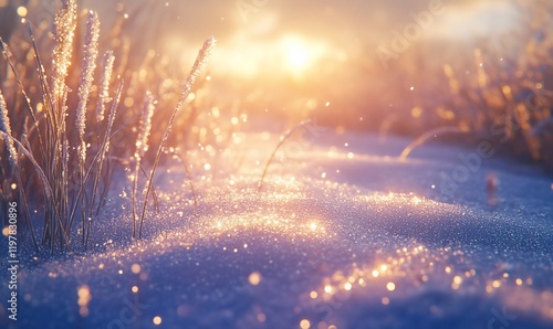 Obraz na płótnie Frosty sunrise over snowy field; winter wonderland background w salonie