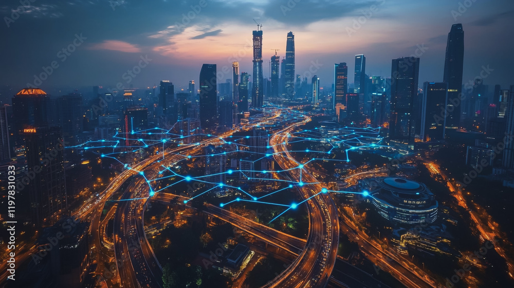 Obraz premium Abstract business man stands on the peak of success amid tall, innovative Smart city and graphs with statistics to analyze business potential and predict future developments in company growth.