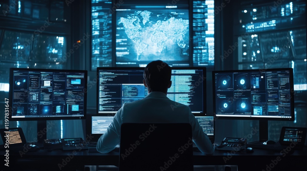 Modern office space with a programmer coding on dual screens, highlighting collaboration and innovation among team members Modern office space with a programmer coding on dual screens, highlighting collaboration and innovation among team members