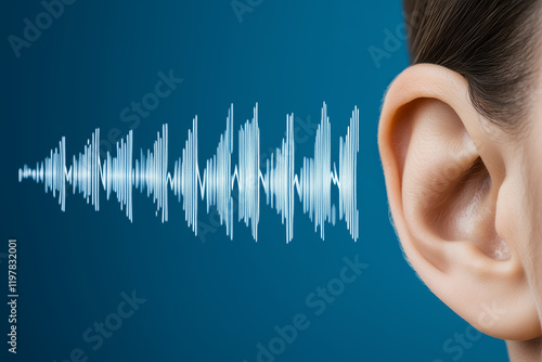 Illustration of a human ear and sound waves on a blue background, close-up. World Hearing Day