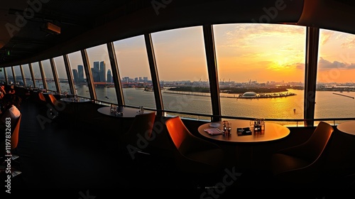 Sunset cityscape view from rooftop restaurant