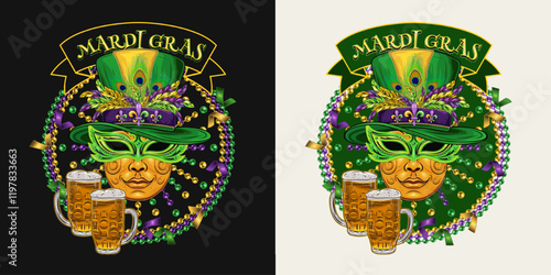 Mardi Gras themed circular green label. Emblem with strings of beads, glass of beer, flying confetti, text in ribbon, golden venetian face mask in tall cylinder hat. Vintage holiday composition.