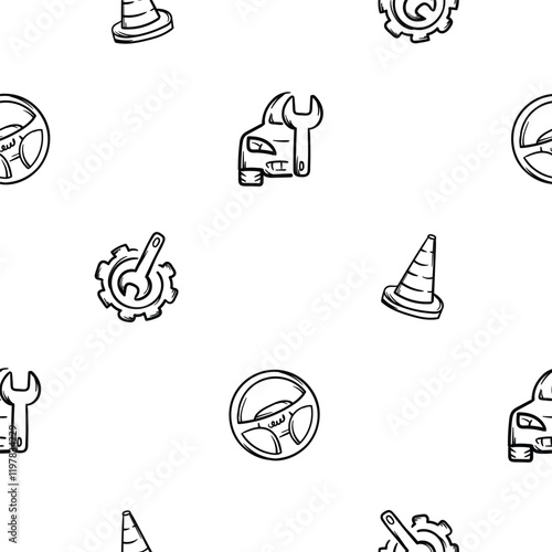 Simple black and white seamless pattern with car repair and maintenance icons, cone, steering wheel. Endless vector background with automotive theme for decoration, wrapping paper, print