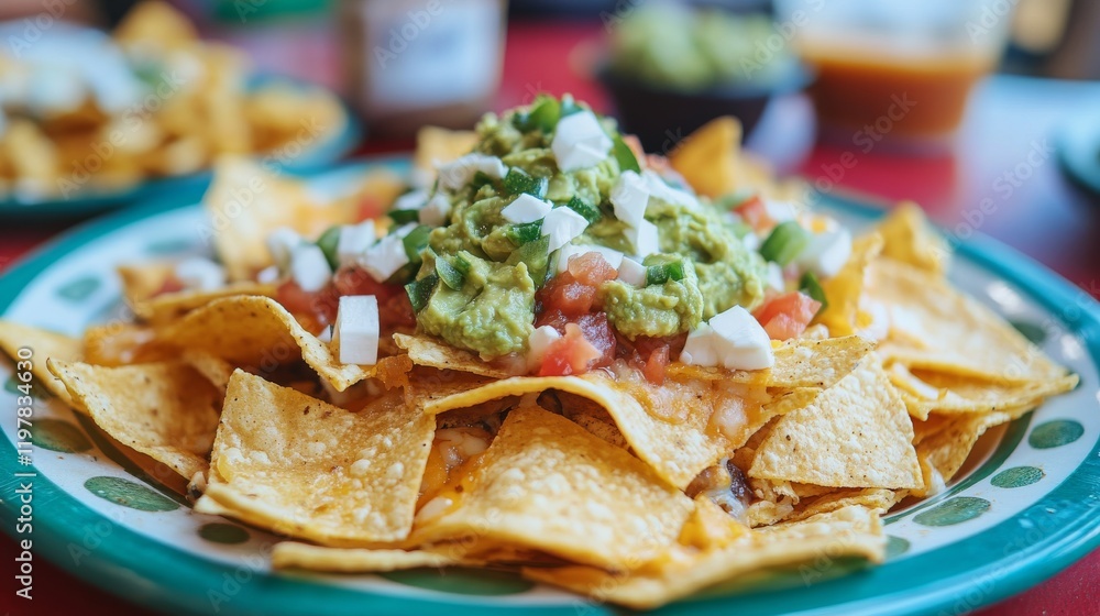 A plate of Mexican-style nachos topped with guacamole, diced tomatoes, green onions, and cheese, served in a colorful setting A plate of Mexican-style nachos topped with guacamole, diced tomatoes, green onions, and cheese, served in a colorful setting