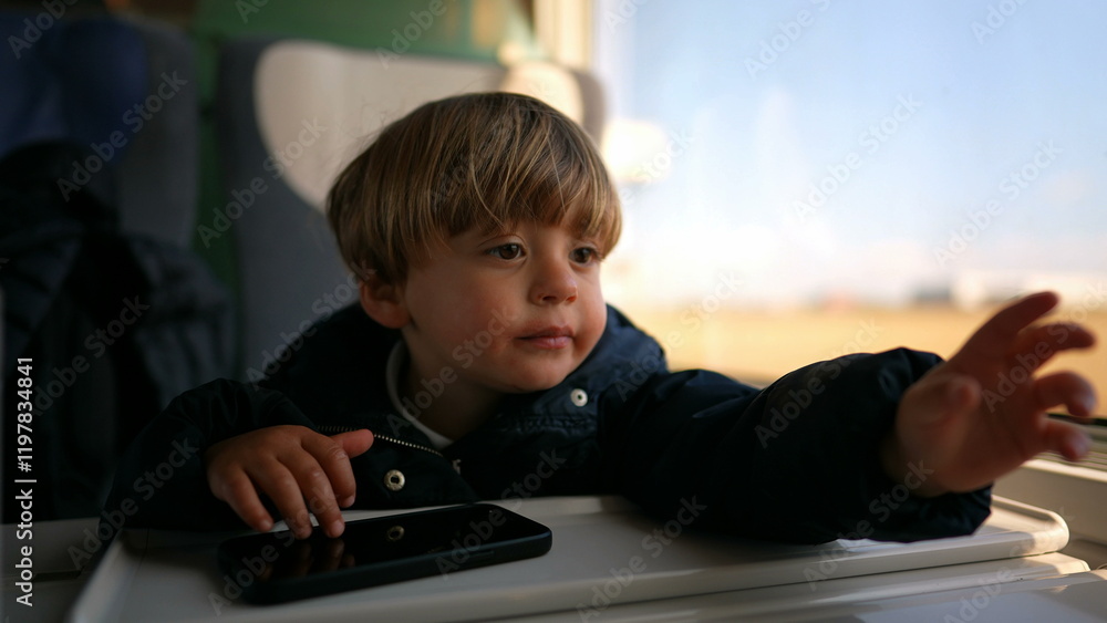 Toddler traveling by train, kid passenger seated on train wagon Toddler traveling by train, kid passenger seated on train wagon