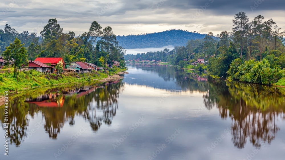 Fototapeta premium River village sunrise, misty mountains, reflection, travel