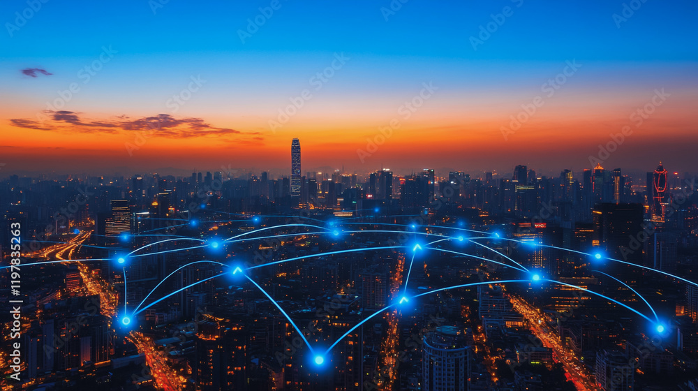 Fototapeta premium Abstract business man stands on the peak of success amid tall, innovative Smart city and graphs with statistics to analyze business potential and predict future developments in company growth.