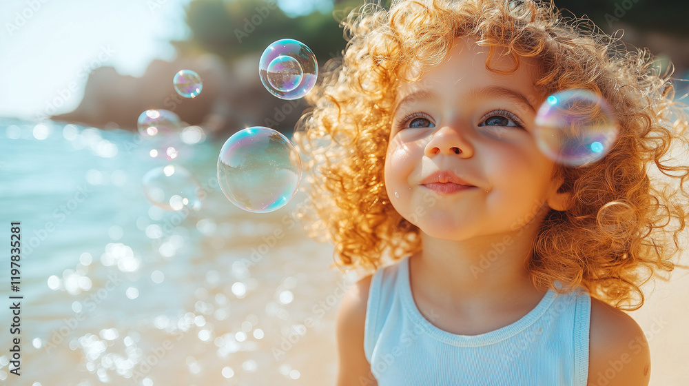 Happy Child with Curly Hair Playing with Bubbles on the Beach by the Ocean Happy Child with Curly Hair Playing with Bubbles on the Beach by the Ocean