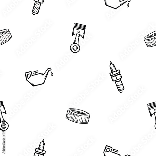 Simple black and white seamless pattern with car parts icons, filter, oil can, candle. piston Endless vector background with automotive theme for decoration, wrapping paper, print, wall decoration