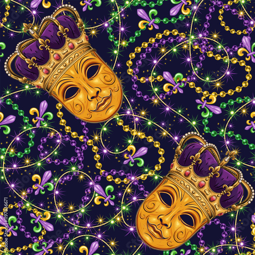 Carnival Mardi Gras themed pattern with golden venetian face mask in imperial crown, interlaced strings of beads, festive garland like sparkler. Detailed illustration in vintage style.