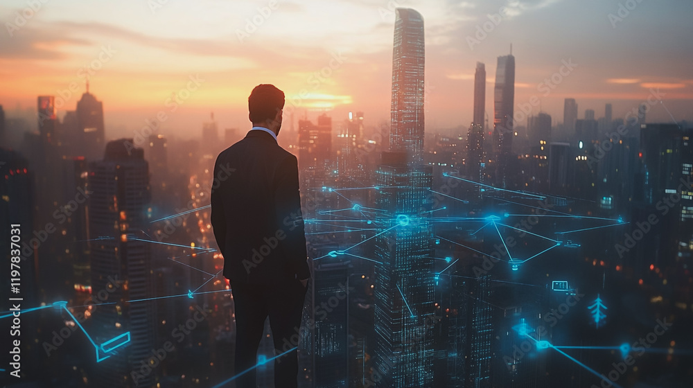 Fototapeta premium Abstract business man stands on the peak of success amid tall, innovative Smart city and graphs with statistics to analyze business potential and predict future developments in company growth.