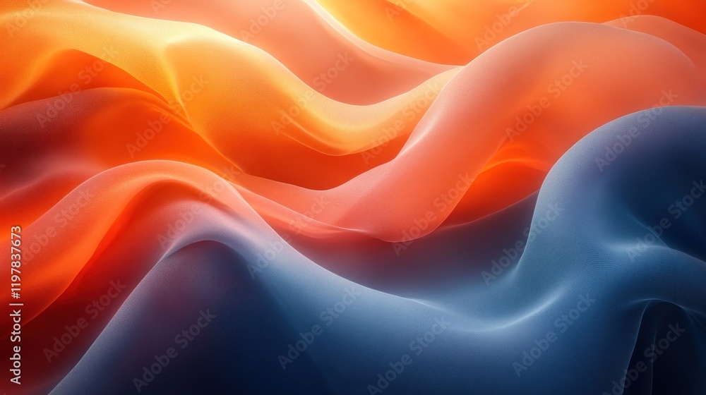 Fototapeta premium Vibrant flowing silk fabric in shades of orange and blue, creating a dynamic and elegant backdrop