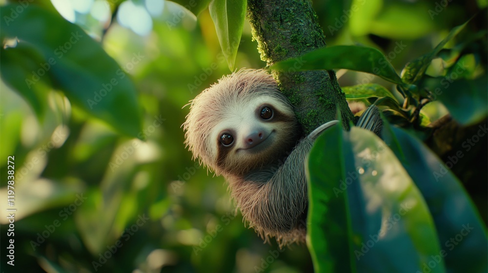 A cute sloth peeking from behind a green leaf, showcasing its adorable features in nature. A cute sloth peeking from behind a green leaf, showcasing its adorable features in nature.