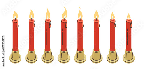 Candle flame for animation. Vector doodle fire burning. Animated candlelight sprite sheet. Sequence of red wax flickering candlesticks. Set of different icons on white background.