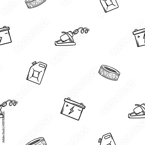 Simple black and white seamless pattern with car parts icons, pump, canister, filter, battery. Endless vector background with automotive theme for decoration, wrapping paper, print, wall decoration