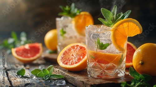 A minimalistic stock photo featuring sophisticated cocktails garnished with mint and orange slices on a wooden surface photo