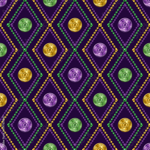 Geometric beaded pattern with fleur de lis symbol in center of grid cells. Diagonal diamond shaped rhombus grid, ornament. Decoration for Mardi Gras carnival. Vintage style illustration