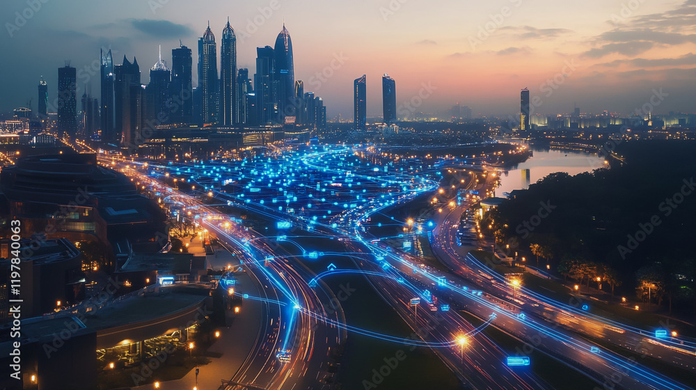 Fototapeta premium Abstract business man stands on the peak of success amid tall, innovative Smart city and graphs with statistics to analyze business potential and predict future developments in company growth.