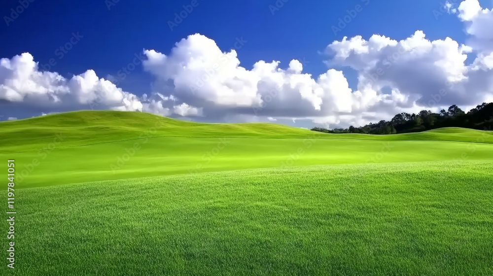 Fototapeta premium Lush green golf course under a blue sky with puffy clouds
