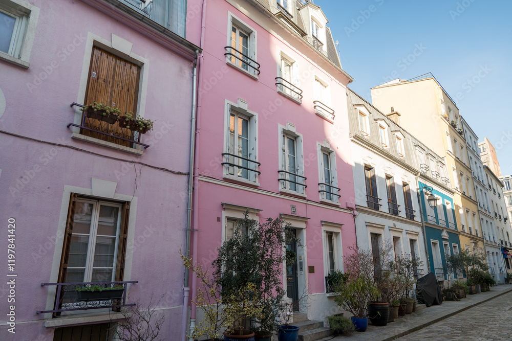 Naklejka premium Charming pink buildings line a quiet street in a historic neighborhood