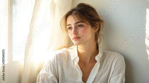 A woman with natural makeup sits by a sunlit window, gazing thoughtfully, wearing a white button-up shirt Free Download A woman with natural makeup sits by a sunlit window, gazing thoughtfully, wearing a white button-up shirt - GFXLoad