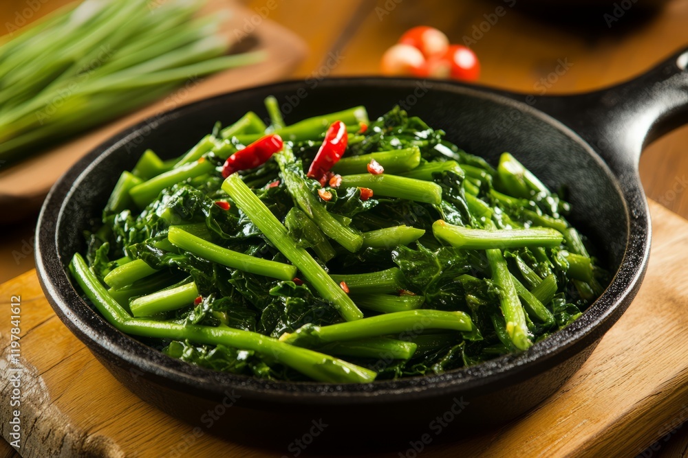 Cast iron skillet filled with freshly sauteed kale and chili peppers Cast iron skillet filled with freshly sauteed kale and chili peppers