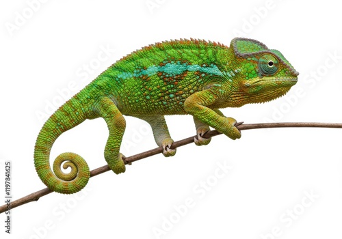 A colorful chameleon with green, orange, and blue patterns perched on a small branch, isolated on a white background