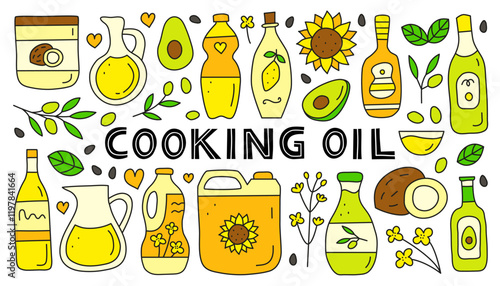 Set of doodle colored cooking oils in glass and plastic packages isolated on white background. Sunflower, rapeseed, coconut, avocado oil bottles. Healthy nutrition concept. Vegetable fats.