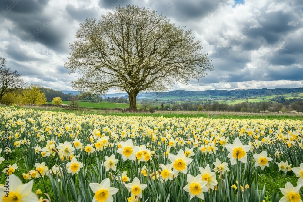 Fototapeta premium Majestic oak tree overlooking a vast field of blooming daffodils under cloudy skies
