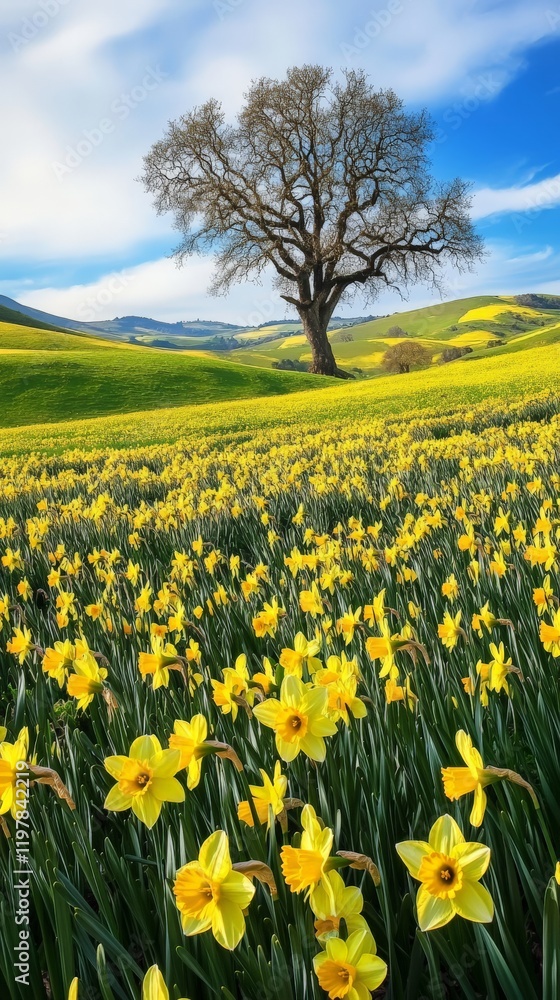 Fototapeta premium Majestic oak tree overlooks vibrant daffodil field in serene spring landscape