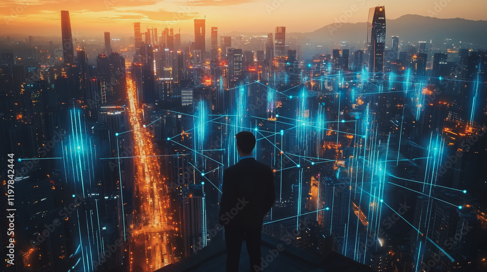 Obraz premium abstract, business, team, stands, peak, success, Abstract business man stands on the peak of success amid tall, innovative Smart city and graphs with statistics to analyze business potential and predi