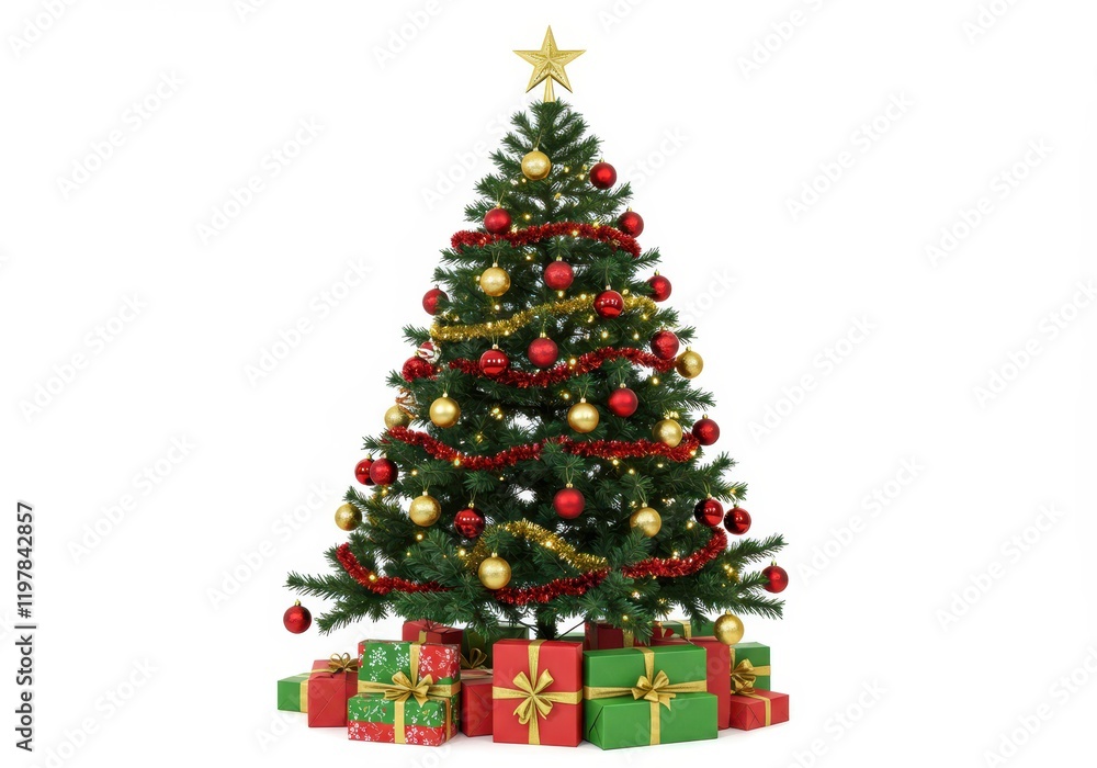 A decorated Christmas tree with red and gold ornaments and wrapped presents underneath, isolated on a white background A decorated Christmas tree with red and gold ornaments and wrapped presents underneath, isolated on a white background