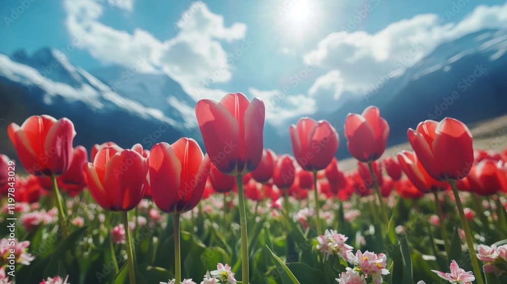 Fototapeta premium Vibrant Red Tulips Blooming Against Majestic Mountain Backdrop
