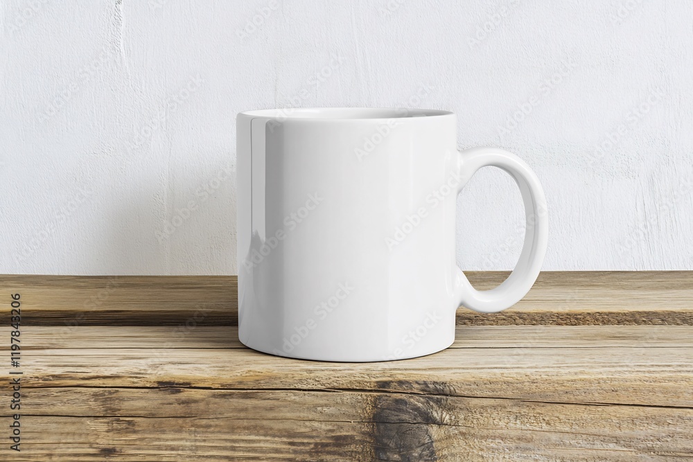 White mug on rustic wood, textured wall background. Design mockup White mug on rustic wood, textured wall background. Design mockup