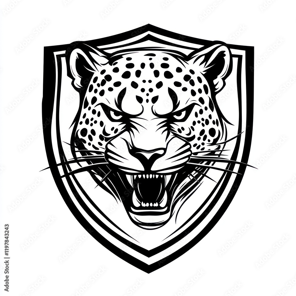 Roaring leopard head in shield; wildlife, emblem, design Roaring leopard head in shield; wildlife, emblem, design