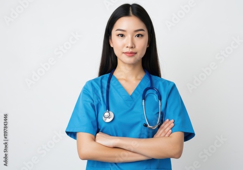 A young female nurse in blue scrubs with a stethoscope draped around her neck, arms crossed, isolated on a white background photo