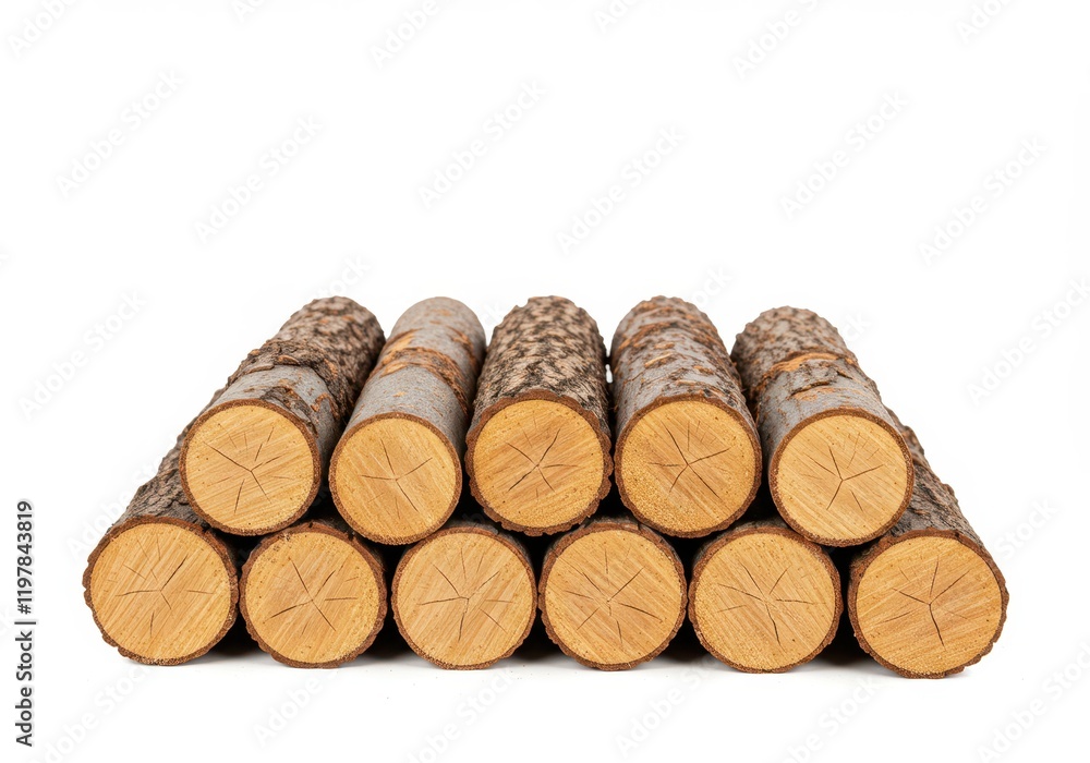 A pile of logs with visible wood grain and bark isolated on a white background A pile of logs with visible wood grain and bark isolated on a white background