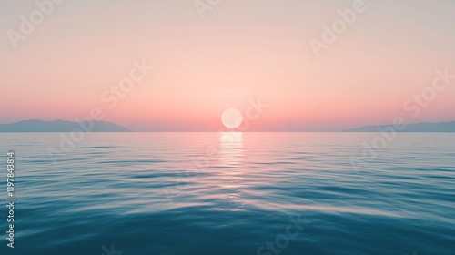 This serene image depicts a tranquil sunset over a vast, calm ocean, with the sun setting on the horizon, offering a peaceful reflection on the gentle water surface. photo