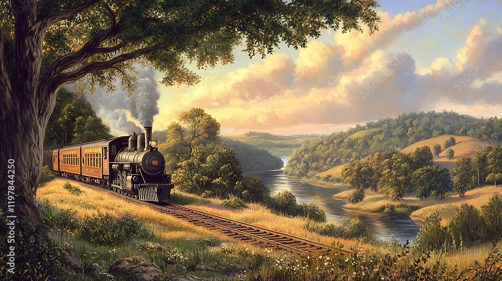 Obraz premium A romantic scene with a couple taking a scenic train ride through a picturesque landscape