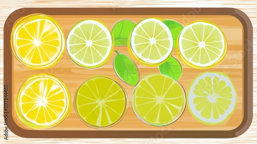 A Delightful Display of Sliced Lemons and Limes on a Wooden Tray.  A Fresh and Vibrant Citrus Fruit Arrangement for a Summery Mood.