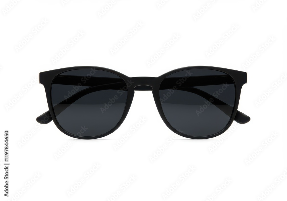 A pair of black frame sunglasses with dark tinted lenses isolated on white background A pair of black frame sunglasses with dark tinted lenses isolated on white background