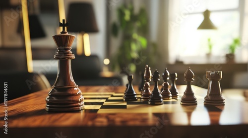Strategic Chess Pieces on Wooden Board in a Modern Interior - A Timeless Game of Chess