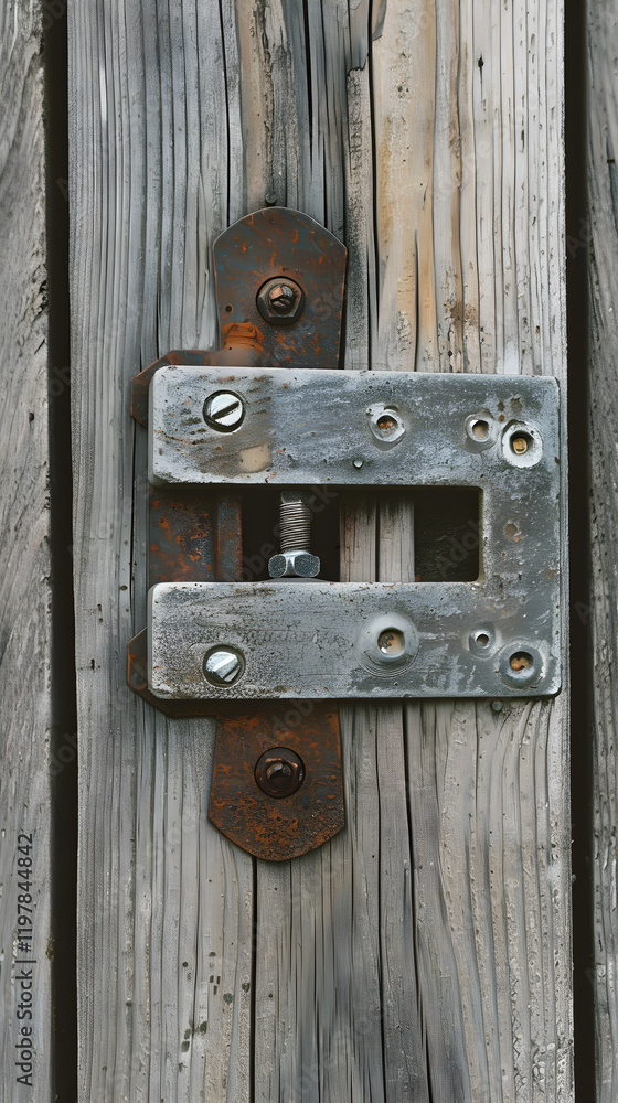 Fototapeta premium Close-Up View of a Vintage Metallic Latch Mechanism on a Weathered Wooden Door, Emphasizing the Contrast Between Metal Hardware and Natural Wood Grain
