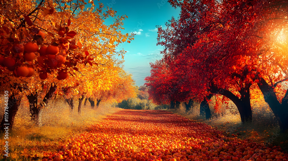 A Breathtaking Apple Orchard in Autumn Surrounded by Vibrant Colorful Foliage and Ripe Fruit Under a Clear Blue Sky A Breathtaking Apple Orchard in Autumn Surrounded by Vibrant Colorful Foliage and Ripe Fruit Under a Clear Blue Sky