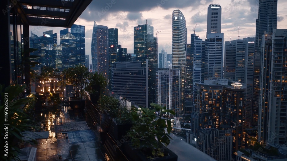Obraz premium Rooftop Terrace, Cityscape View, Twilight, Singapore, Relaxation