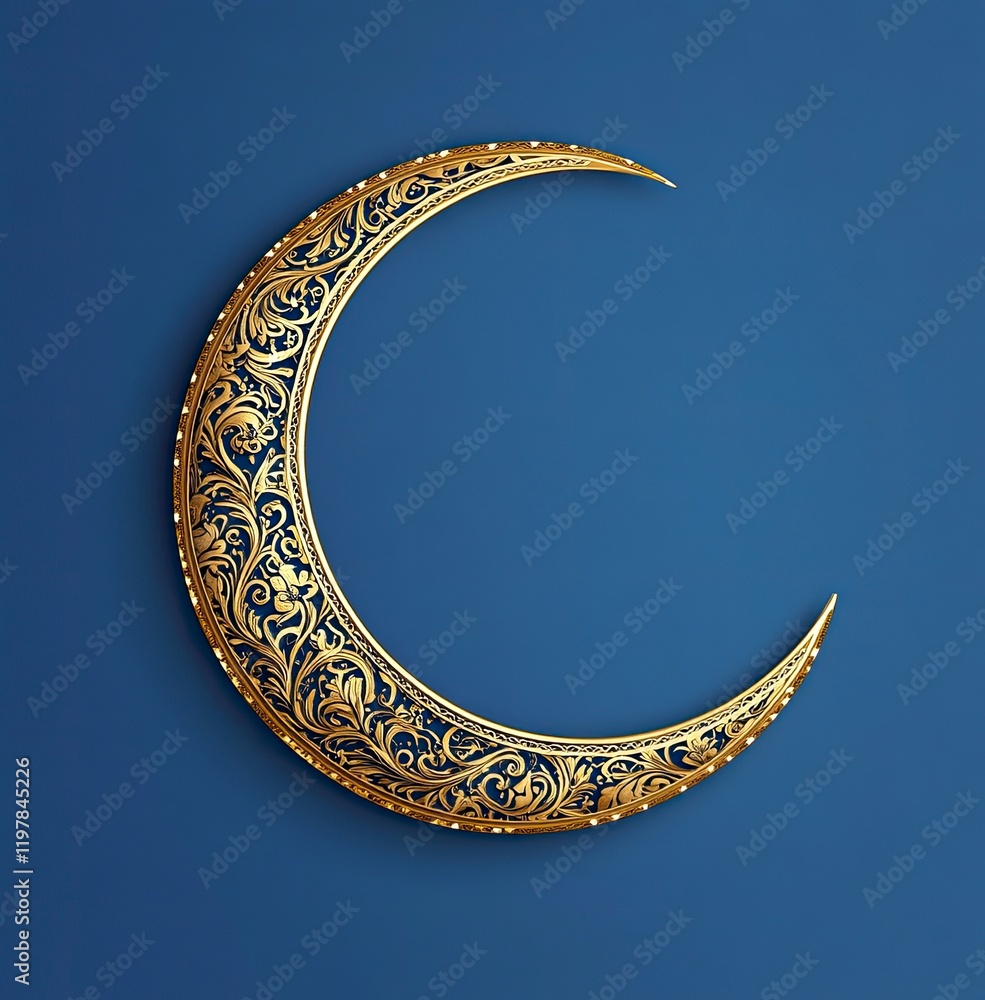 Elegant golden crescent moon with intricate patterns on a blue background, vector illustration copy space, Elegant golden crescent moon with intricate patterns on a blue background, vector illustration copy space,