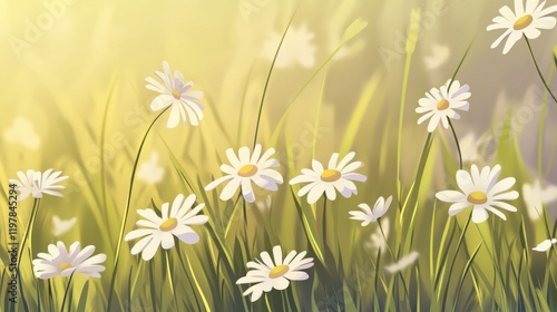 A Serene Meadow of Daisies: A Delicate Springtime Floral Illustration, Captivating Floral Painting, and a Visual Feast of Beautiful White Daisies