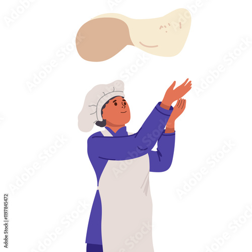 Female baker throwing pizza dough. Young cute woman in chefs costume, apron and hat standing, hand drawn vector illustration