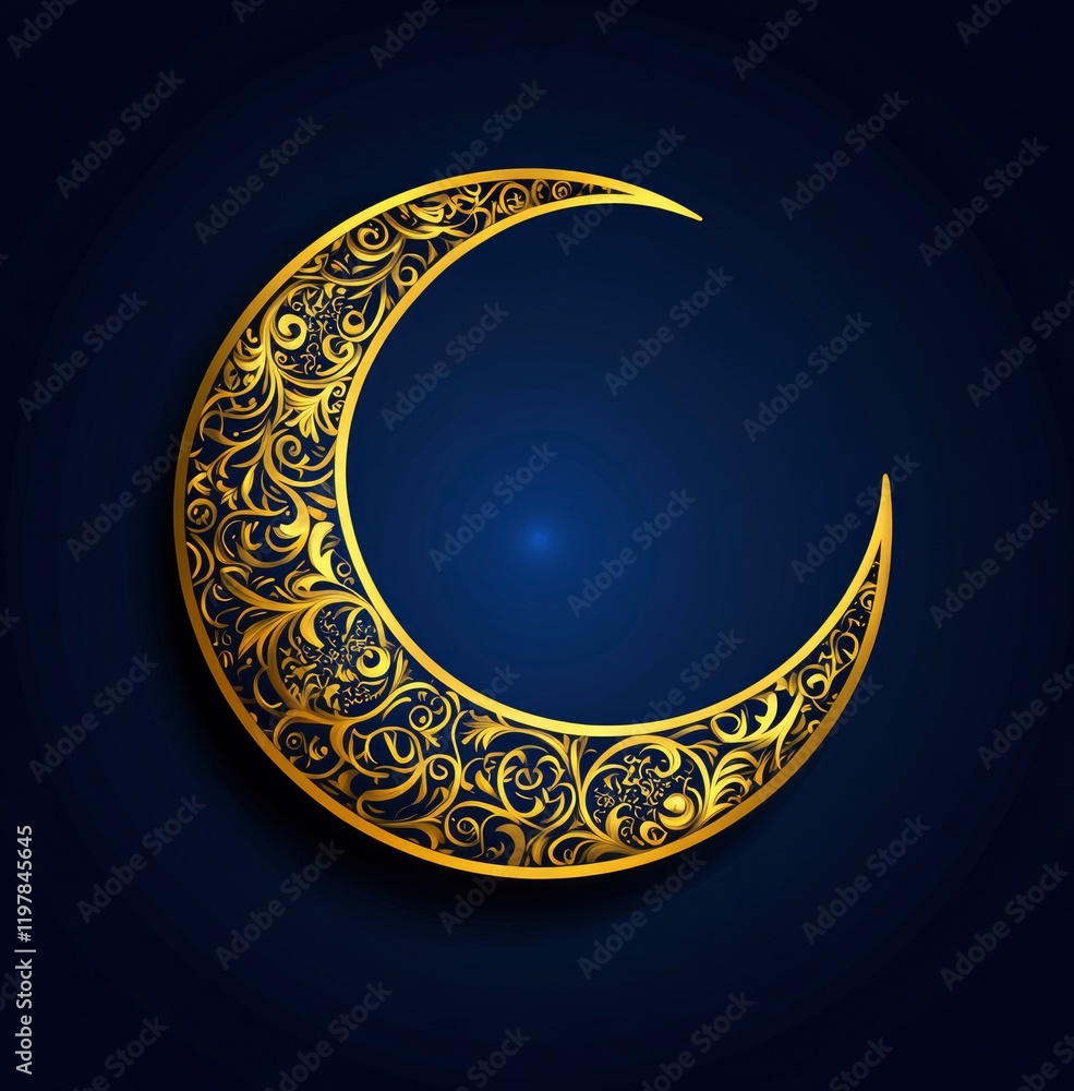 Elegant golden crescent moon with intricate patterns on a blue background, vector illustration copy space, Elegant golden crescent moon with intricate patterns on a blue background, vector illustration copy space,